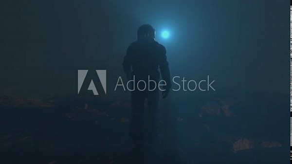 Silhouette of an astronaut at night on an alien planet similar to Mars. Small dust storm. Red Planet Covered in Gas and Smoke. Futuristic colonization and space exploration concept.