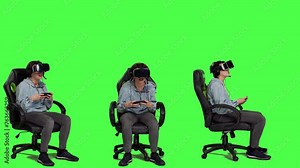 Frustrated gamer losing at video games on mobile phone app, playing with vr glasses and artificial intelligence against greenscreen. Displeased furious girl gets angry with her failure. Camera A.