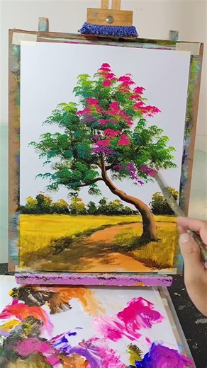 Blooming Flower Tree by the Road 🌸🌳 | Easy Acrylic Painting Shorts