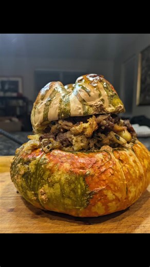 First time cooking or tasting a turban squash. when I saw the shape, I knew I wanted to stuff the bowl like shape and put a hat on it. Verdict on the turban: The taste of the squash is mediocre. I made it by cooking this way. I will keep the turban squash for decorating from now on. #supportfarmersmarkets #squash