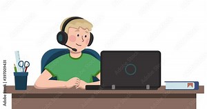 4K Looped animation, child with laptop and headphones taking online class, distance education. 2D Seamless motion animated footage, technology for kids. Boy using computer at home, school homework