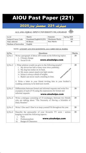 221 Matric Spring 2025 AIOU Past Paper | English-II Paper Pattern & Important Questions | AIOU HELPS
