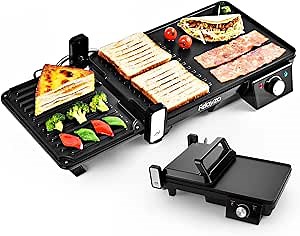 3 In 1 Electric Griddle Nonstick Extra Large,1500W Panini Press & Pancake Grill, Temperature Adjustable, Indoor Smokeless Griddle & Grill with Drip Tray for BBQ, Panini, Pancake etc