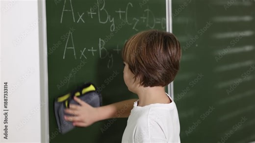 Schoolboy wiping chalkboard with rag in classroom