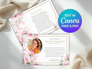 Modèle de carte funéraire modifiable, carte commémorative de sympathie rose thé antique, célébration de la vie, modèle Canva à télécharger - Etsy France