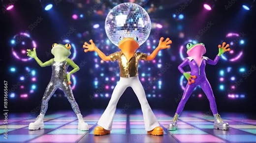 Three animated frog performers in glittering disco outfits capture the vibrant energy of a retro dance party, grooving under a sparkling mirror ball on an illuminated floor