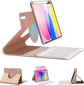 BOBOLEE 10th Case Keyboard for iPad 10.9 inch 2022 Released, Wireless Detachable Removable Backlit 7 Colors, 360 Rotatable Thin Slim Cover Sheet with Built-in Pen Holder, Rose Gold