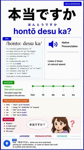 How to Pronounce hontō desu ka? (本当ですか) | Japanese Pronunciation Database Word #000032