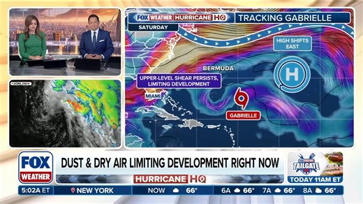 🌀 HURRICANE HQ: Tropical Storm Gabrielle is "struggling" to better organize as it spins across the central Atlantic, but forecasters with the National Hurricane Center say it’s still forecast to strengthen into a hurricane by early next week. More: https://www.foxweather.com/weather-news/tracking-tropical-storm-gabrielle-atlantic | FOX Weather