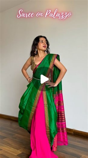 𝐀𝐫𝐜𝐡𝐞𝐞 | Saree Drapes on Instagram: "Saree on Palazzo | Save and send this easy tutorial to a saree lover 🌷 Pure silk saree of the day- is a mostly work wear authentic kanjivaram in pink and green but styled here with a palazzo for a unique saree look. How to wear a saree with palazzo- 🌷 Choose lightweight and easy flow pure silk sarees fabric like katan silk, mulberry silk, mysore silk, thin kanjivaram silk, tussar silk, khaddi chiffon and khaddi georgette. 🌷 Avoid heavy fabrics like k