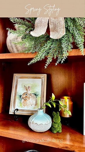 Spring bookcase styling inspiration. Who doesn’t love a cute little bunny snuggled in your bookcase waiting for Easter to arrive. 🐰 I don’t know what it is about those adorable bunny faces but I can’t resist them! What are your favorite Spring decor pieces? Follow me for more Spring home styling inspiration inside and outside! Happy Spring! 🌷 XO Teri #cozyandcalmliving home interiors, bookcase styling, home styling, affordable decor, home decor, classic home, interior design, affordable home f