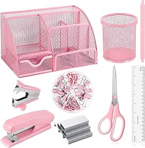 9 in 1 Pink Desk Organizers and Accessories Set, Mesh Desk Organizer with Pink Stapler, Pen Holder, 1000 Staples Scissors Ruler Staple Remover Office Supplies Set Office Gift for Coworkers