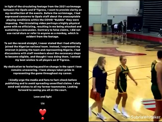 Liz Cambage responded to the leaked 2021 scrimmage footage of her getting into an argument with the Nigerian national team and punched by one of their players. In a recent interview with Taylor Rooks, Cambage maintained that she did not use any racial slurs towards the opposing team. | Ballislife