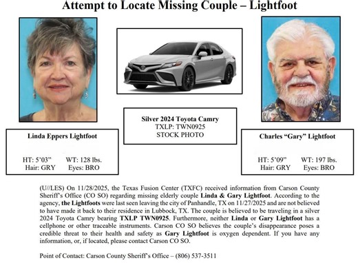 Texas authorities searching for missing elderly Lubbock couple