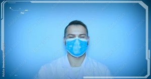 Futuristic doctor, surgeon, uses a hologram, holographic parts of the human body, heart and dna, white coat, respirator, blue background. Concept: future doctors, life, graphics, hithech, technology. Stock Video