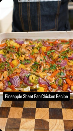 Trent Harrison | Online Fitness Coach on Instagram: "The most delicious pineapple chicken sheet pan meal prep (54g protein)😊 ✅Save this recipe for later! Macros per serving without rice (makes 4 servings): 310 caloires 54g protein 6g carbs 6g fat Ingredients: - 24 oz chicken breast - 1 cup pineapple chunks - 1 red bell pepper, diced - 1 green bell pepper, diced - 1 red onion, diced - 1/4 cup soy sauce - 1 tbsp garlic - Salt and pepper to taste - Lime - Cooked rice, for serving Instructions: 1.
