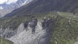 Himalayan Hills scenery showing Himalaya Hills, Himalaya town, tents, peaks at the background. Garhwal Himalayan Range, Uttarakhand, India.