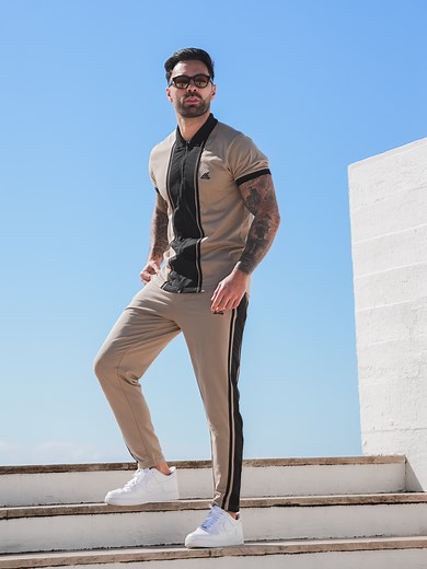 Nextage Beige Logo Stripes Tracksuit for Comfort and Style
