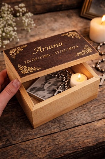 Personalized Memorial Wooden Box – Custom Engraved Keepsake With Name, Dates, Floral Design - Etsy