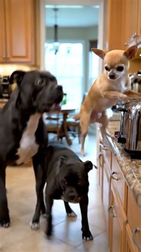 Brave Chihuahua pranks young Pitbull with a toaster 😅🐕