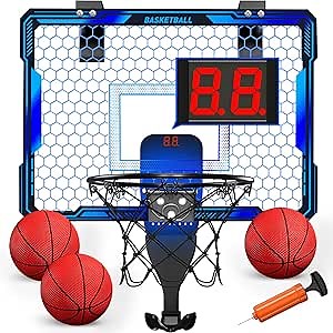 Basketball Hoop Indoor, Mini Basket Ball Hoop with 7 LED Lighting, Scoreboard, Over Door Basketball Hoop with 3 Modes, Volume Adjustable, Foldable, Basketball Toys Gifts for Kids Adults (Blue)