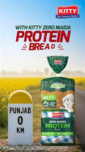 Slice by slice, protein da surprise!​ With 60g protein per loaf, Zero Maida and No Palm Oil, the all-new KITTY Zero Maida Protein Bread is your smartest breakfast choice yet.​ Din di shuruaat, protein de naal! [Kitty, Kitty Breads, Zero Maida, Protein, Fibre, Daily Fibre, High Protein, Protein Goodness, Punjab, Punjabi, No Maida, No Palm Oil, Food, Bread] | KITTY BREAD