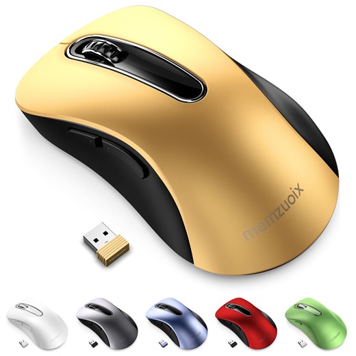 memzuoix 2.4G Wireless Mouse, 1400 DPI Mobile Optical Cordless Mouse with USB Receiver, Portable Computer Mice Wireless Mouse for Laptop, PC, Desktop, MacBook, 5 Buttons (Gold)