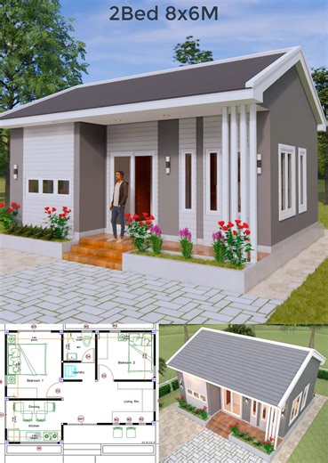 House Design 3d 8x6 Meter 26x20 Feet 2 Bedrooms Gable Roof | Sam HousePlans