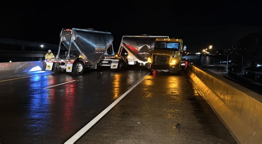 Big rig jackknifes on I-805 in San Diego during heavy rain