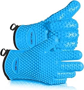 Heat Resistant Silicone Gloves for Cooking, Grilling, and BBQ Non-Slip Grip, Five-Finger Design with Inner Cotton Layer - Perfect for Handling Hot Food, Meat, and Potholders Inner Cotton Layer- Blue