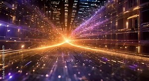 Abstract digital data stream visual. High-speed light particles. Cybersecurity and technology concept.4k JD