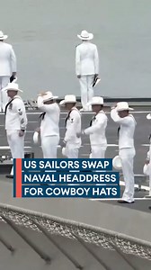 US Navy personnel on board USS Kingsville swapped sailor hats for cowboy hats to pay homage to the city of Kingsville and the King Ranch 🇺🇸 ⚓ The US Navy prides itself on a strong tradition of the relationship between a ship and its namesake community 📺 Watch here 👇 #USNavy #Navy #sailors #troops #personnel #cowboy #cowboyhats #hats #sailorhats #USSKingsville #Kingsville #KingRanch #ranch #community #forcesnews #news #journalism | Forces News