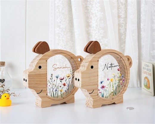 Personalized Wildflower Piggy Bank, Wooden Money Box With Name, Baby Shower Gift, Personalized Wood Piggy Bank, Nursery Decor, Gift for Kids - Etsy