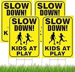 4 Pieces Slow Down Kids At Play Sign with Metal Stake, 12 x 16 Inch Kids At Play Safety Signs, Double Sided Child Safety Caution Signs, Children Sign for Street, Lawn Neighborhoods, Yellow
