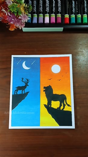 ✨ Easy deer and lion painting l day & night couple drawing l #shorts #art #ytshorts #oilpainting