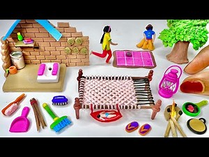 DIY How to make polymer clay miniature Village House, Washroom Set, Kitchen Set,Tree,Charpai lantern