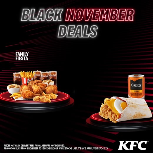 🖤 It's #KFCBlackNovember! 🖤 From Brekkie to dinner, we're serving deals for every craving! 😋 Check them out on the App or your nearest KFC this November - who knows what will come next. 👀 | KFC