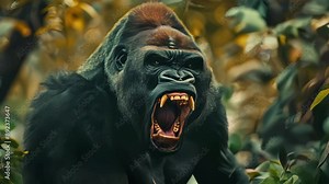 Large or big silverback black gorilla, angry powerful animal roaring in jungle wildlife nature. Strong beast screaming, aggressive, teeth, King Kong