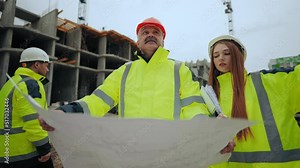 two professional civil engineers are discussing building object, aged foreman and young woman