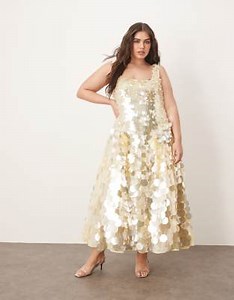 ARRANGE Curve embellished disc sequin square neck full skirt midi dress in lemon | ASOS