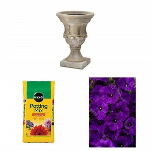 18 in. Natural Luzon Lava Stone Urn Planter, 50 qt. Potting Mix, and 4.25 in. Supertunia Royal Velvet (4-Pack) - The Home Depot
