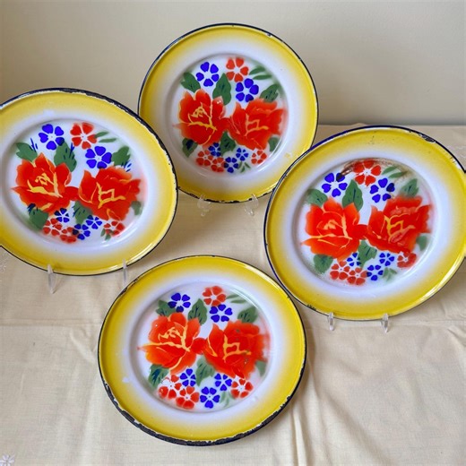 Vintage Yellow Rim Rose Enamel Plates | Choose Plate | Floral Enamelware | Cottagecore Farmhouse Kitchen Decor - Etsy