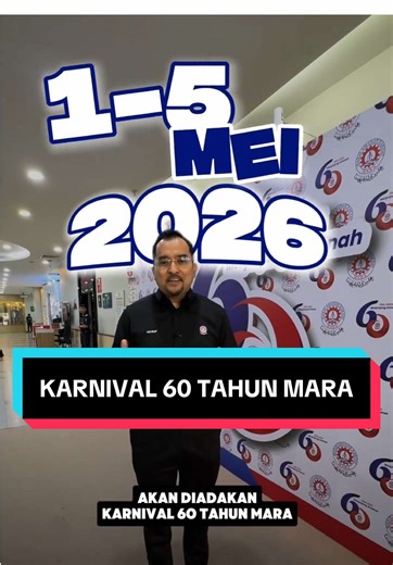 Alhamdulillah, sempena ulang tahun MARA yang ke-60, kita akan mengadakan Karnival 60 Tahun MARA bermula 1 hingga 5 Mei 2026 bertempat di World Trade Centre Kuala Lumpur (WTCKL). Pelbagai program menarik akan berlangsung merangkumi sektor pendidikan, keusahawanan, pelaburan serta khidmat pengurusan yang memberi manfaat secara langsung kepada pelajar, usahawan dan seluruh rakyat Malaysia. Sepanjang karnival ini, terdapat lebih 80 program akan berlangsung termasuk pengisian pendidikan seperti Caree