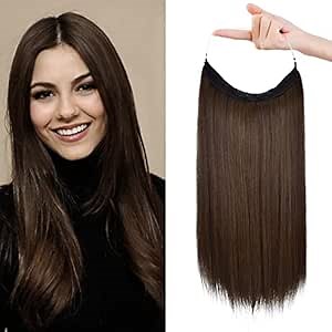 REECHO Invisible Wire Hair Extensions with Transparent Headband Adjustable Size Removable Secure Clips in Straight Secret Hairpiece for Women (16 Inch (Pack of 1), Dark Brown with Copper Highlights)