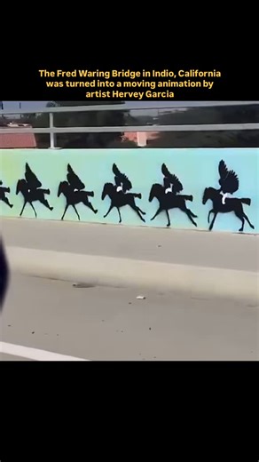 Memoir World on Instagram: "The Fred Waring Bridge in Indio, California was turned into a moving animation by artist Hervey Garcia. He painted a sequence of turtles and desert scenes across the bridge walls so that when cars drive by, the images line up and appear to move like a flipbook. The project went viral in 2025 for how it transformed a plain overpass into a flowing piece of art seen only in motion. Follow us and be a part of the memoir community! We do not own any content, credit to the