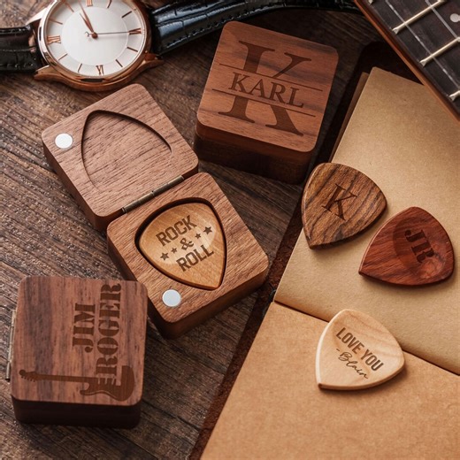 Gift for Dad, Personalized Wooden Guitar Picks With Holder Box: Ukulele Guitarist Pick Organizer [GP] - Etsy