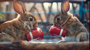 Two rabbits are boxing in a ring. One of the rabbits is wearing a red boxing glove