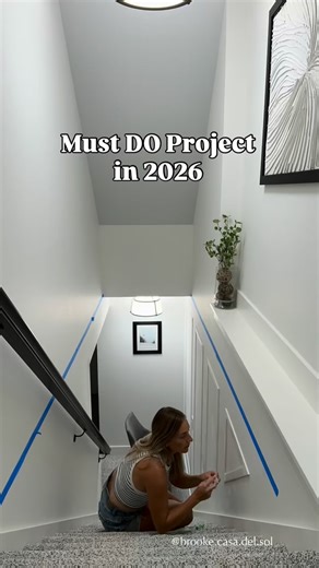 Brooke l DIY & Design l Travel on Instagram: "✨ Save future reference! Comment “STAIRS” for supply list. If you want an affordable way to make your staircase look custom, add some box molding and some paint and you’ve got yourself a whole new look! For this project, I used PVC lattice strips for a very affordable option + they give a more modern look & bonus bc they are smooth (no wood grain). My box dimensions: 7” from top of baseboard to the outside of the trim - same for ceiling -inside of ea