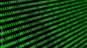 Abstract binary code background with green digits moving right on the screen. Data, code, decryption and encoding concepts. Seamless loopable background.