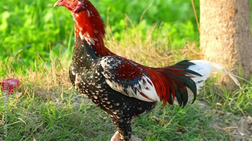 Asil (Aseel) Chicken in 120fps 4K Slow Motion. Powerful Traditional Gamefowl Standing Proud with Muscular Build, Glossy Feathers, and Alert Posture Captured in Cinematic High-Detail Rural and Livestoc